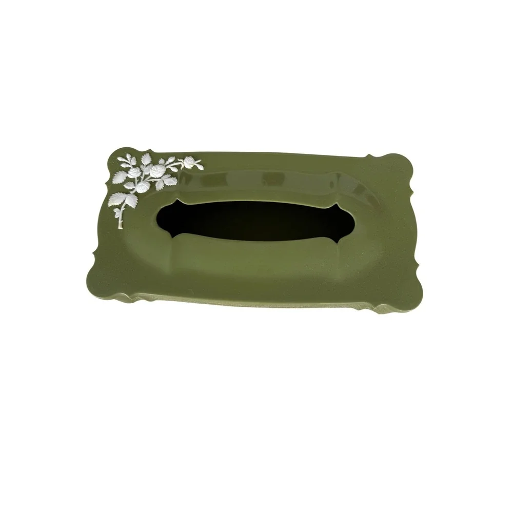 Schwarz Bros Plastics Tissue Holder Vintage Olive Green Floral MCM Decor Kitsch